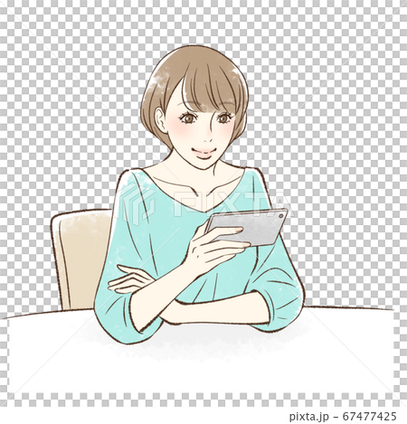 座ってスマホを持つ女性 横持ちのイラスト素材